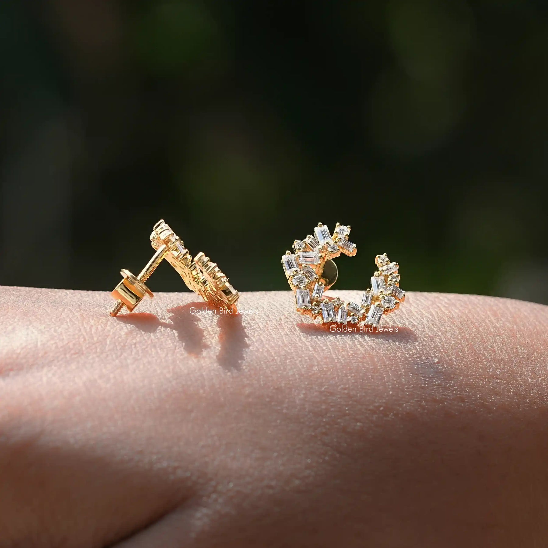 [Baguette And Round Cut SideWay Spiral Hoops]-[Golden Bird Jewels]