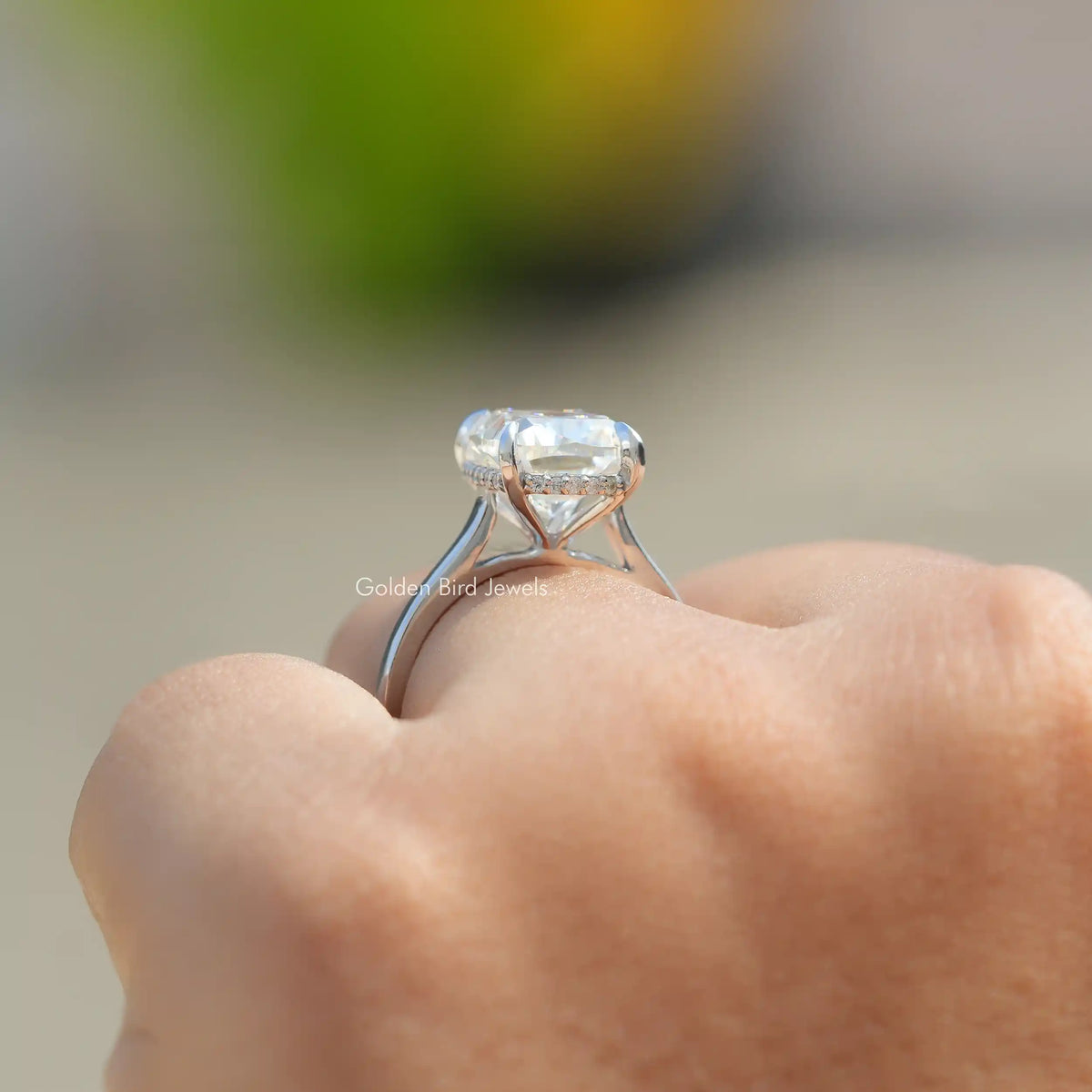 Side View of Elongated Cushion Hidden Halo Ring