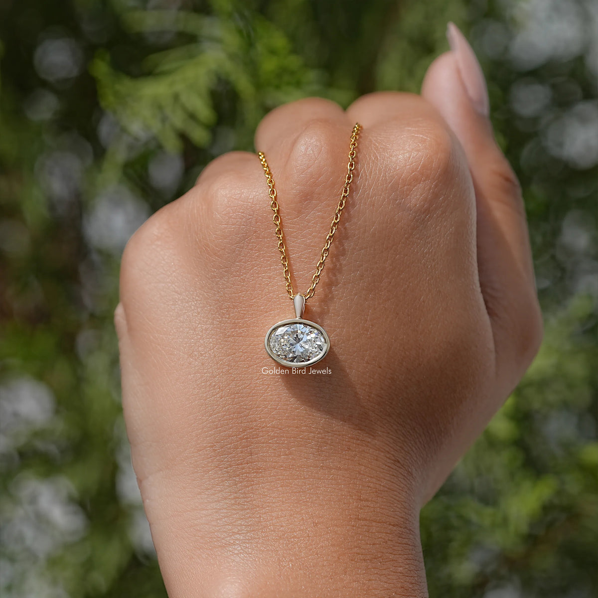Oval Cut East West Lab Diamond Bezel Set Pendant