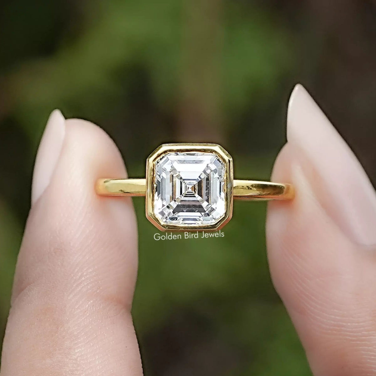 Bezel Set Asscher Cut Lab Diamond Solitaire Ring