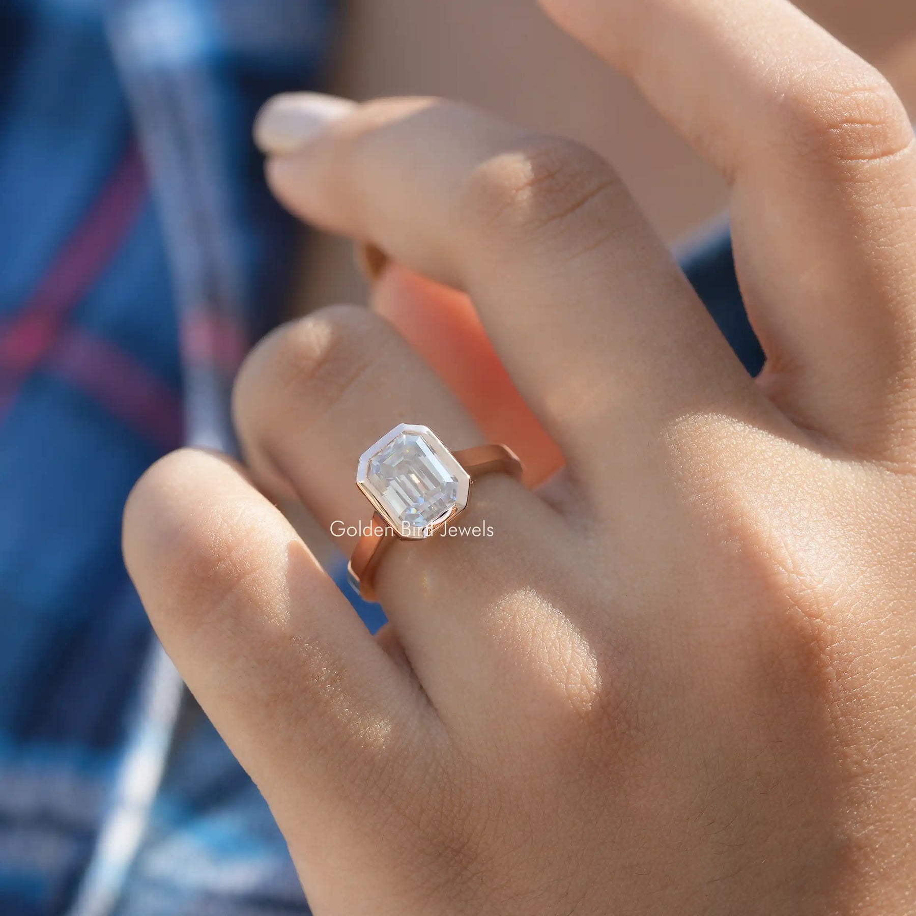 [Bezel Set Emerald Cut Moissanite Ring]-[Golden Bird Jewels]