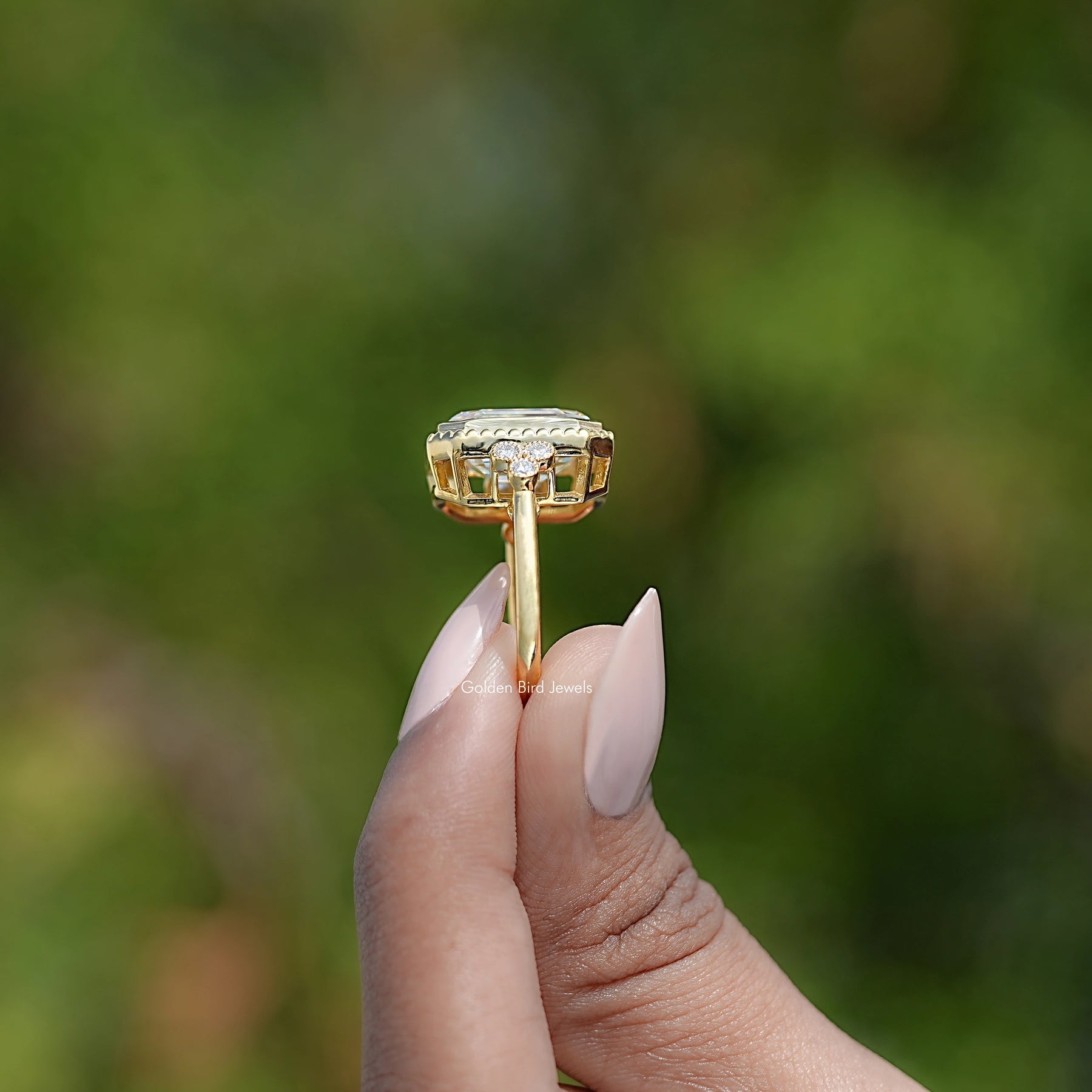 Bezel Set Old Mine Emerald Moissanite Ring