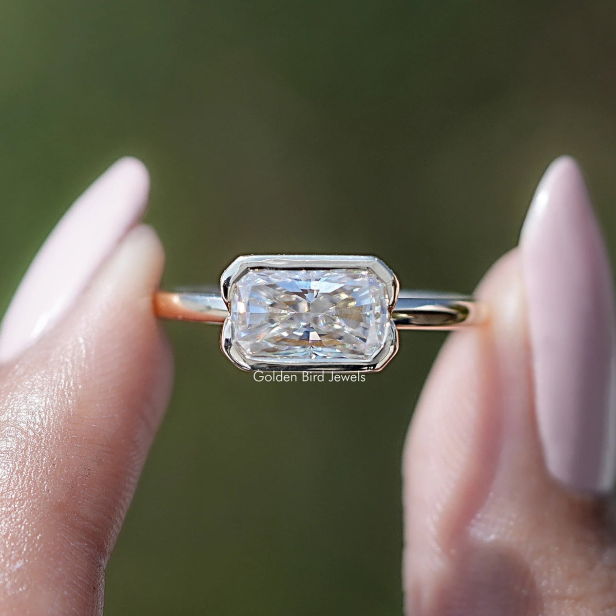 Front view of Bezel Set Radiant Cut Moissanite Solitaire Ring