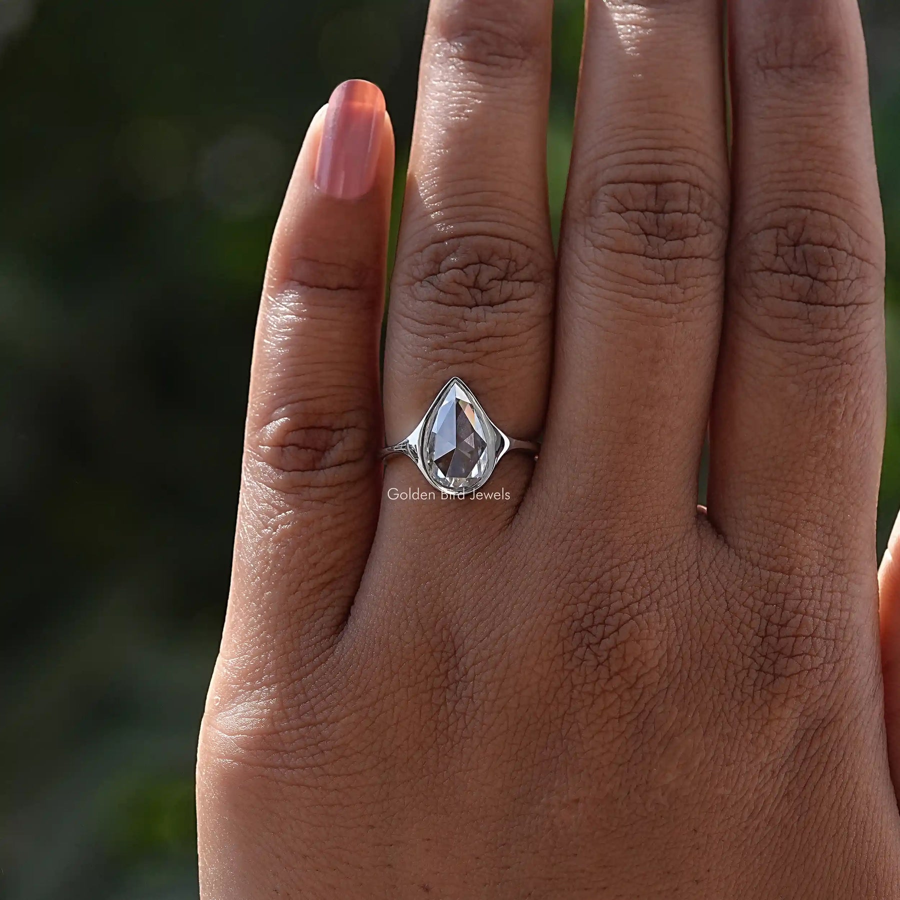 [Bezel Set Moissanite Pear Cut Ring]-[Golden Bird Jewels]