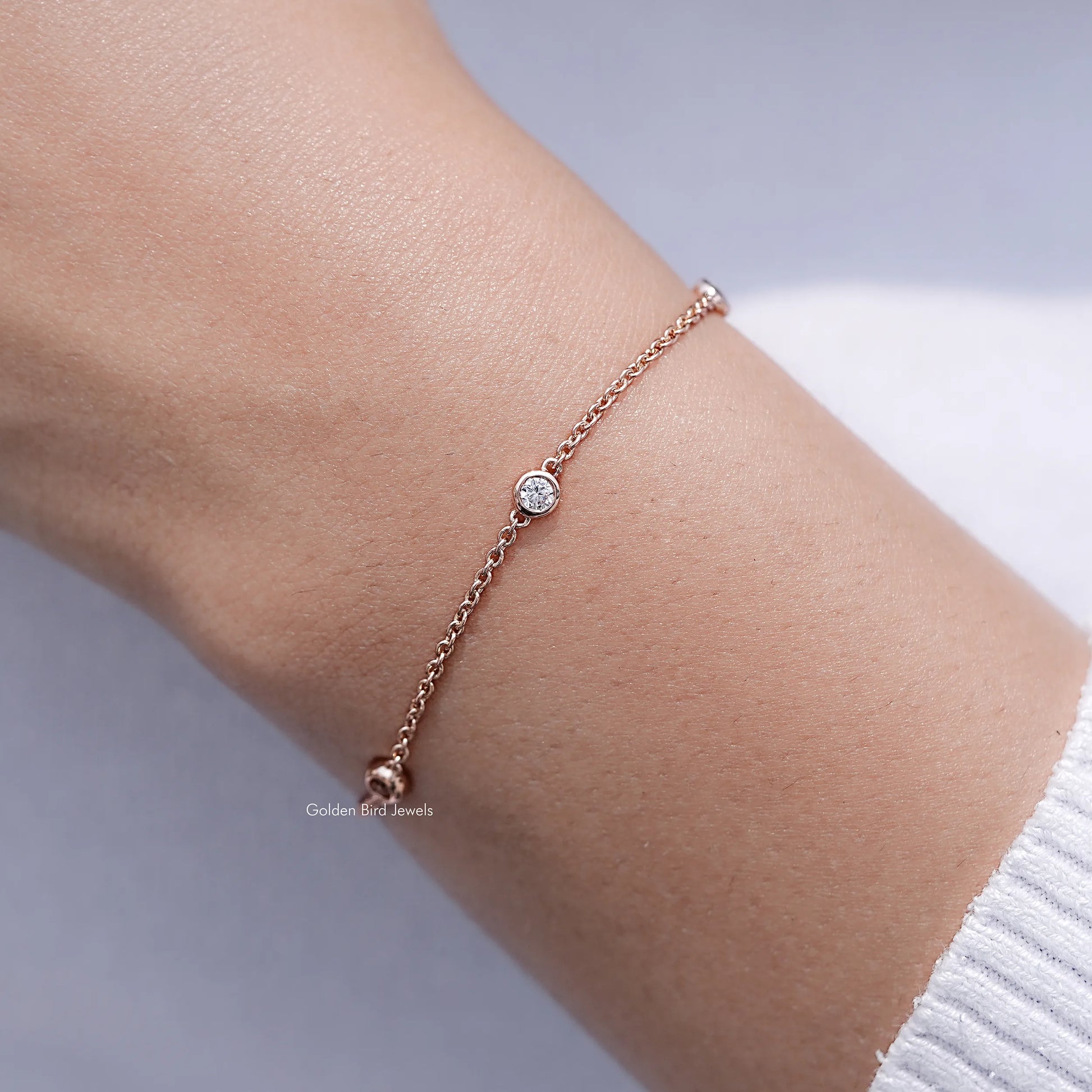In hand Showing View Of Round Cut Lab Diamond Station Steel Bracelet
