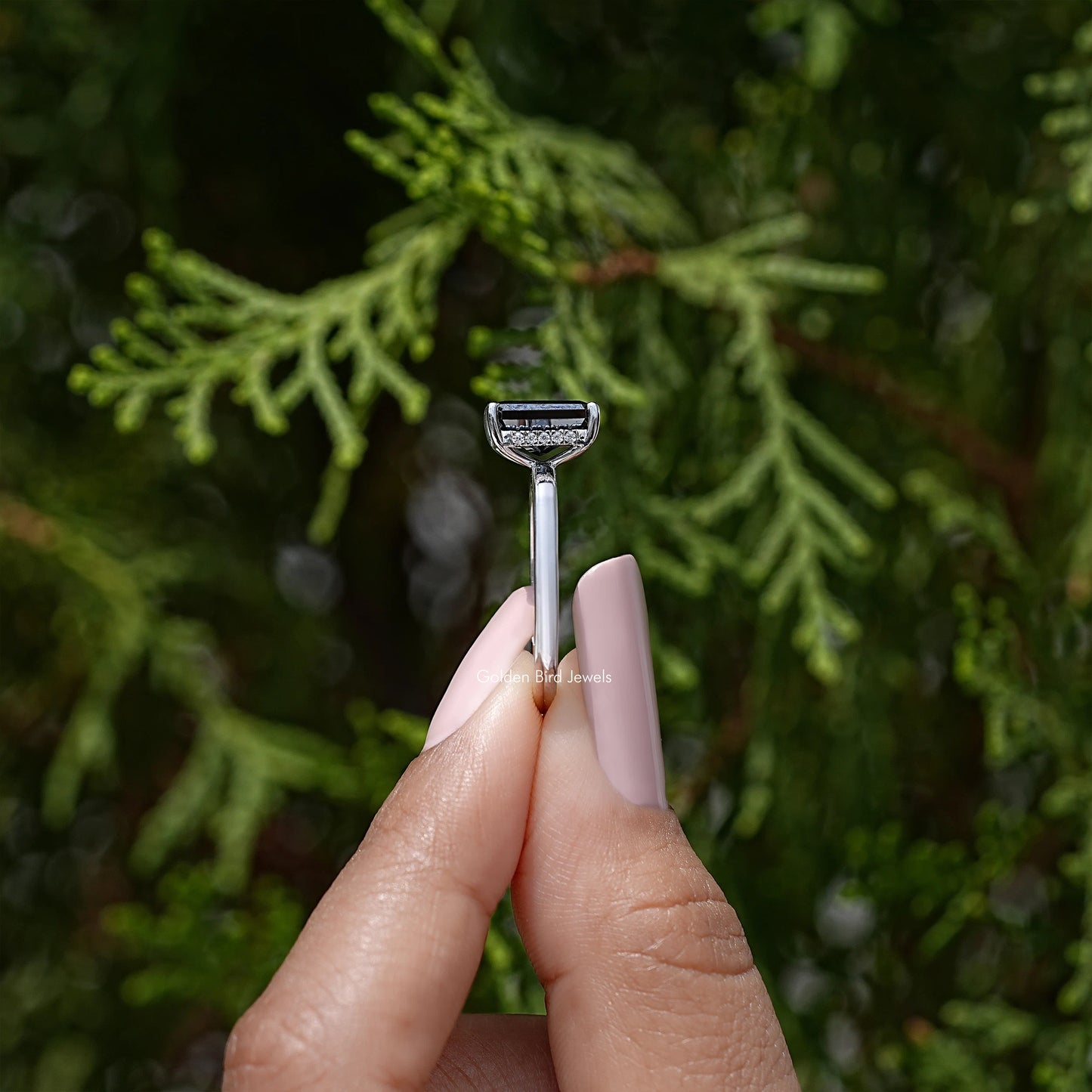 Black Radiant Cut Moissanite Gemstone Hidden Halo Ring