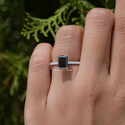 Black Emerald Cut Moissanite Gemstone Accent Ring