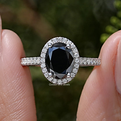 Black Oval Moissanite Gemstone Halo Engagement Ring