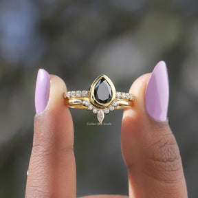 [Black Pear Moissanite Bridal Ring Set]-[Golden Bird Jewels]