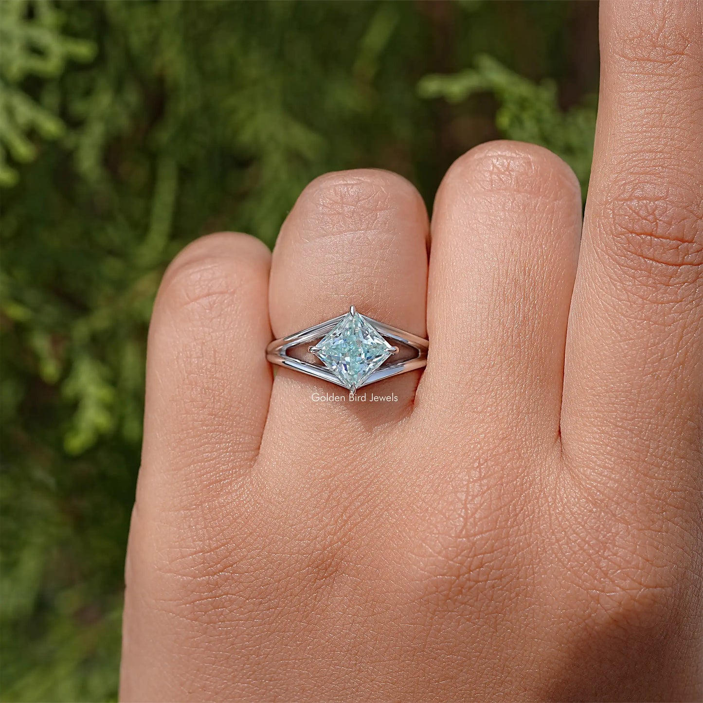 Princess Moissanite Gemstone Split Shank Wedding Ring