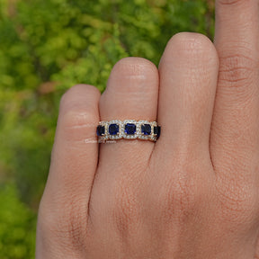 Blue Asscher Gemstone Halo Five Stone Band