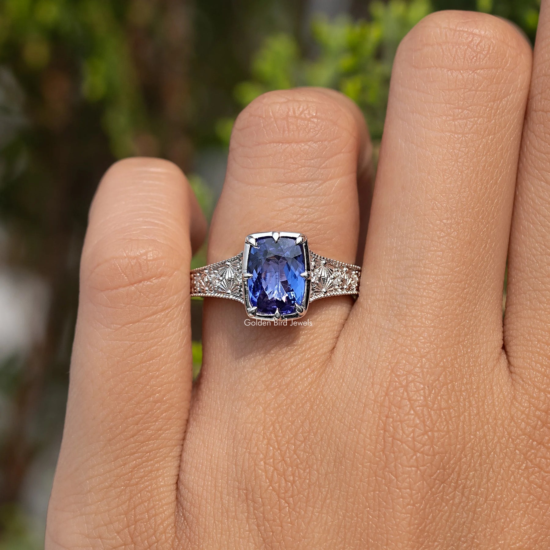 Blue Cushion Cut Gemstone Accent Ring