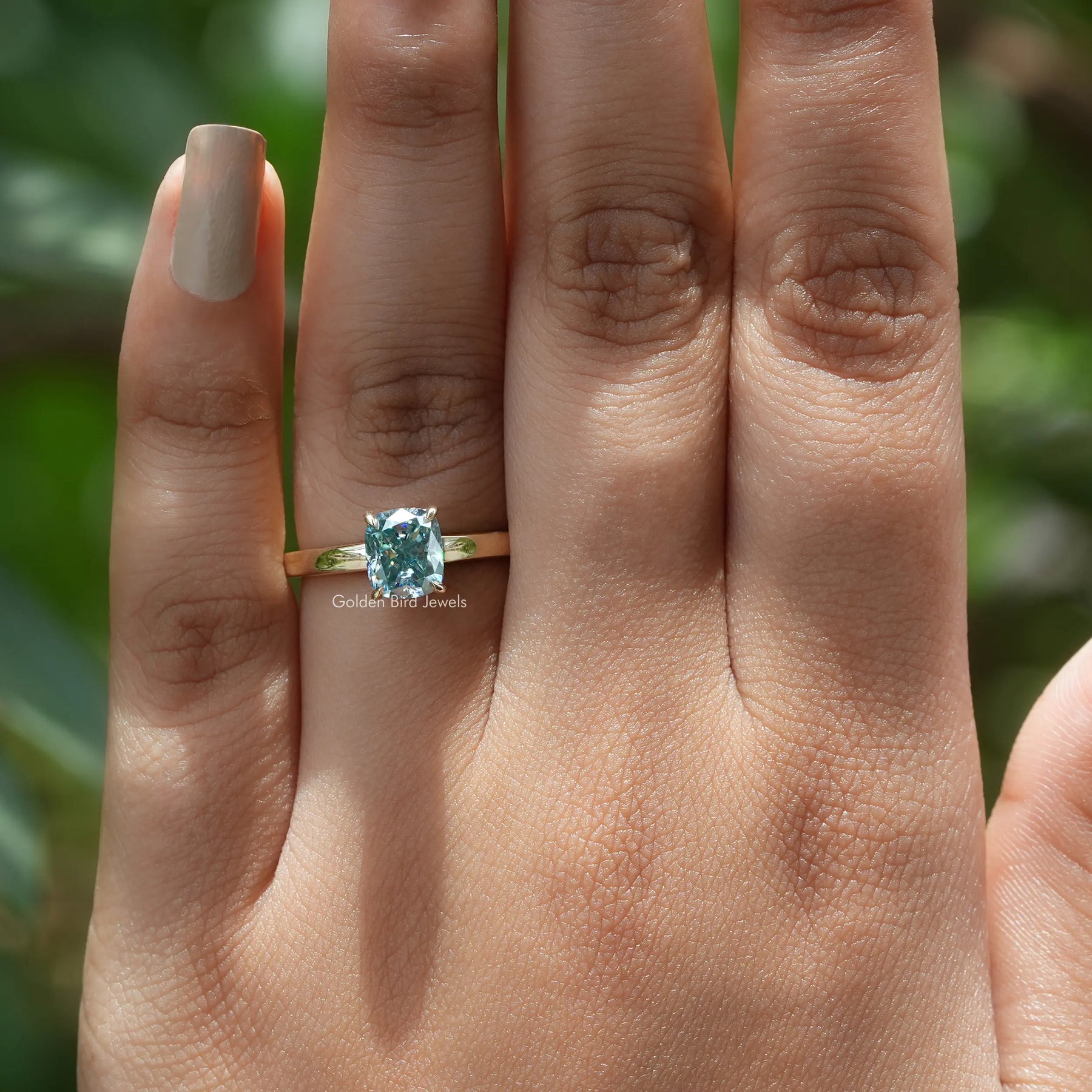 [Blue Cushion Cut Moissanite Solitaire Ring]-[Golden Bird Jewels]