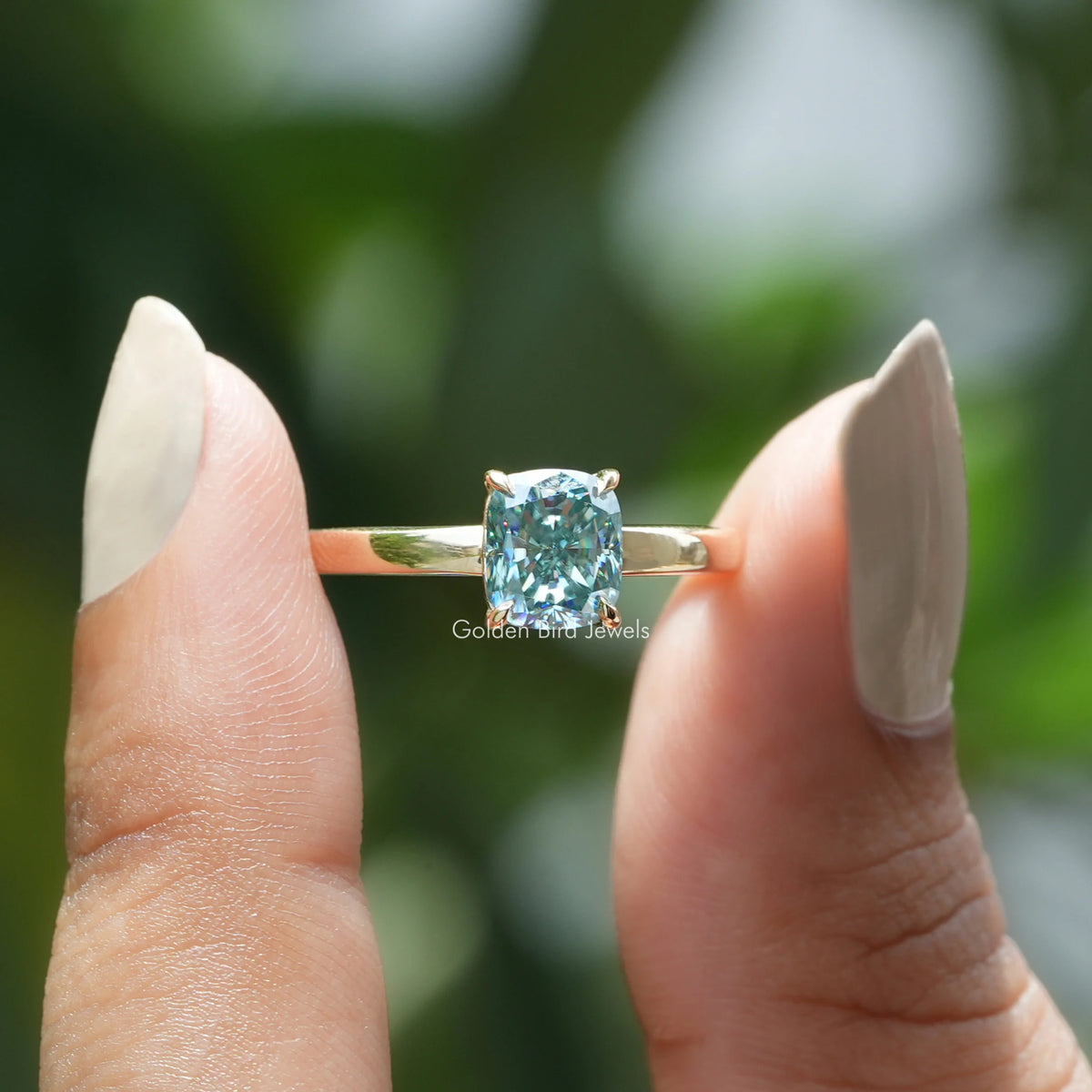 [Blue Elongated Cushion Cut Moissanite Ring]-[Golden Bird Jewels]