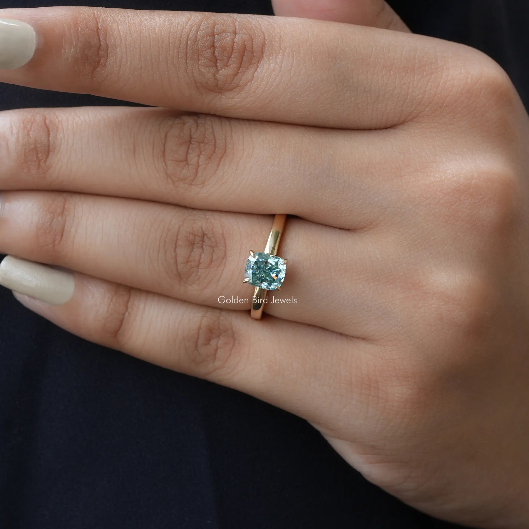 [Blue Elongated Cushion Cut Moissanite Ring]-[Golden Bird Jewels]