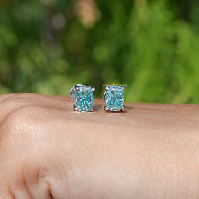 Blue Elongated Cushion Moissanite Stud Earrings