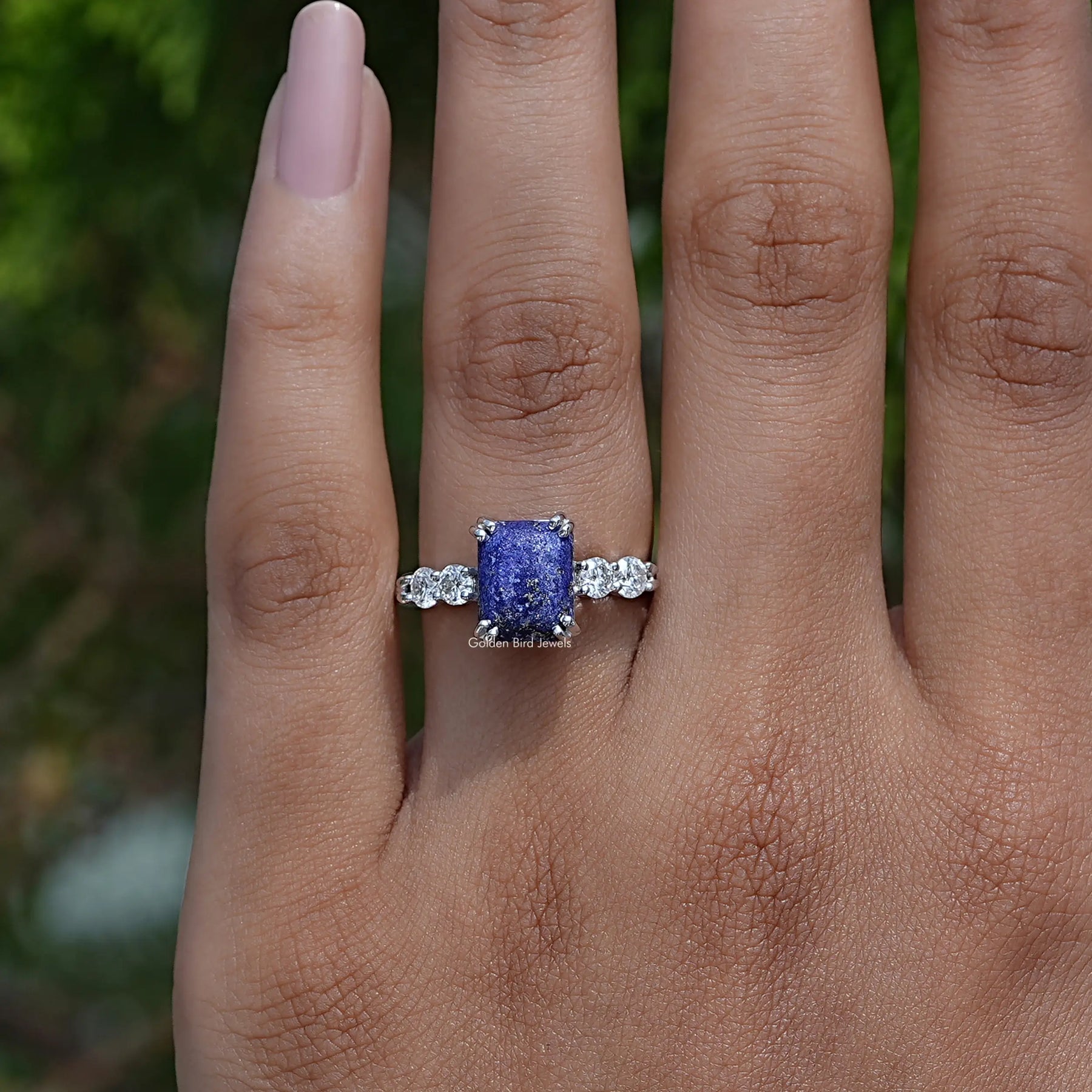 [Blue Emerald Cut Accent Stone Ring]-[Golden Bird Jewels]