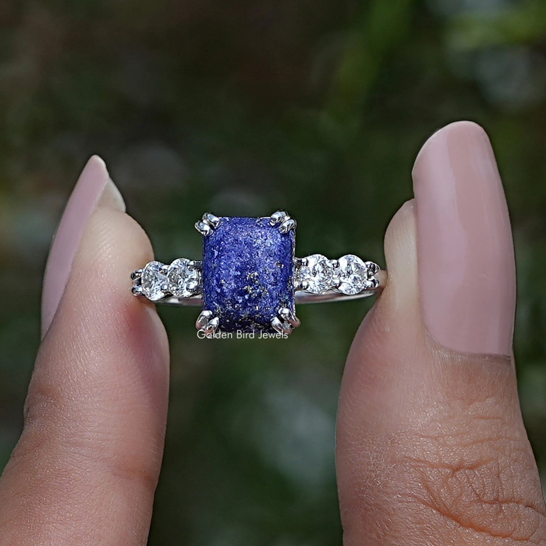 [Blue Emerald Cut Gemstone Engagement Ring]-[Golden Bird Jewels]