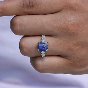 [Blue Emerald Cut Gemstone Engagement Ring]-[Golden Bird Jewels]