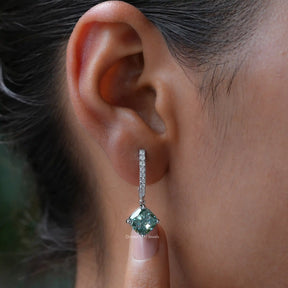 Cushion Cut Blue Green Moissanite Drop Dangle Earrings