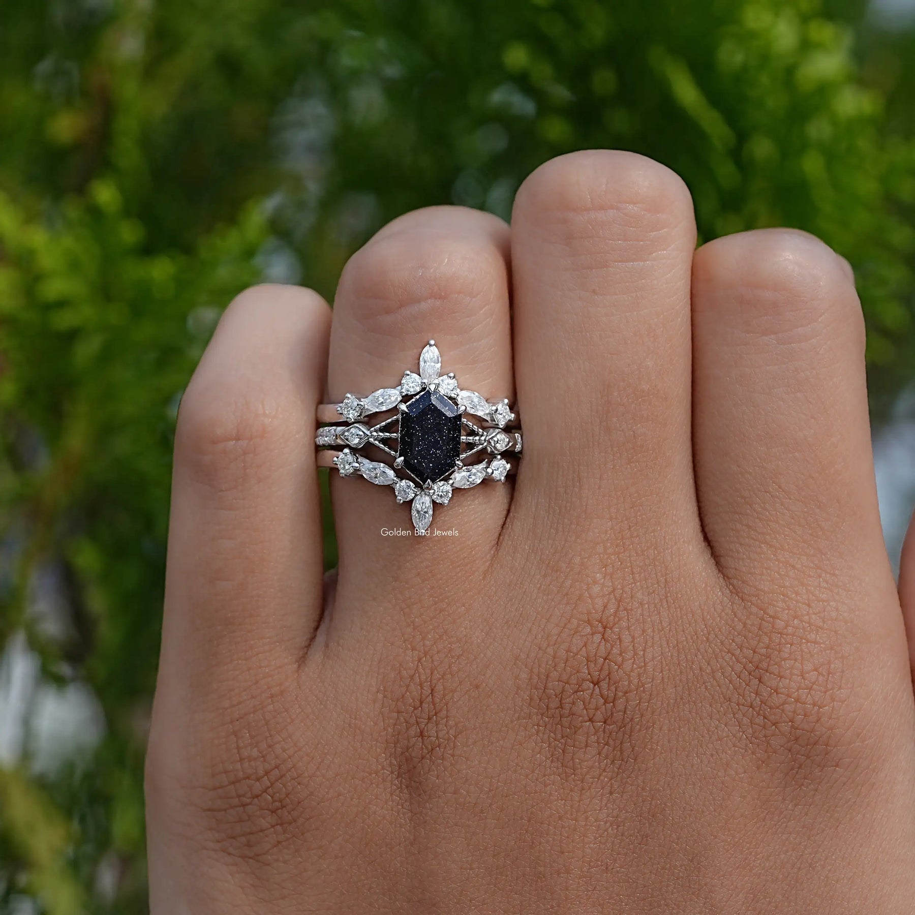 View of Blue Hexagon Gemstone Bridal Ring In White Gold