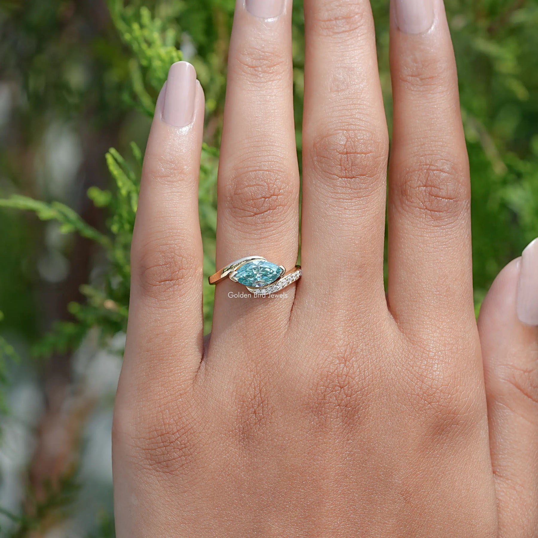 East West Blue Marquise Moissanite Bypass Ring