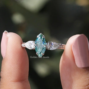 [Blue Marquise Cut Moissanite Three Stone Ring]-[Golden Bird Jewels]