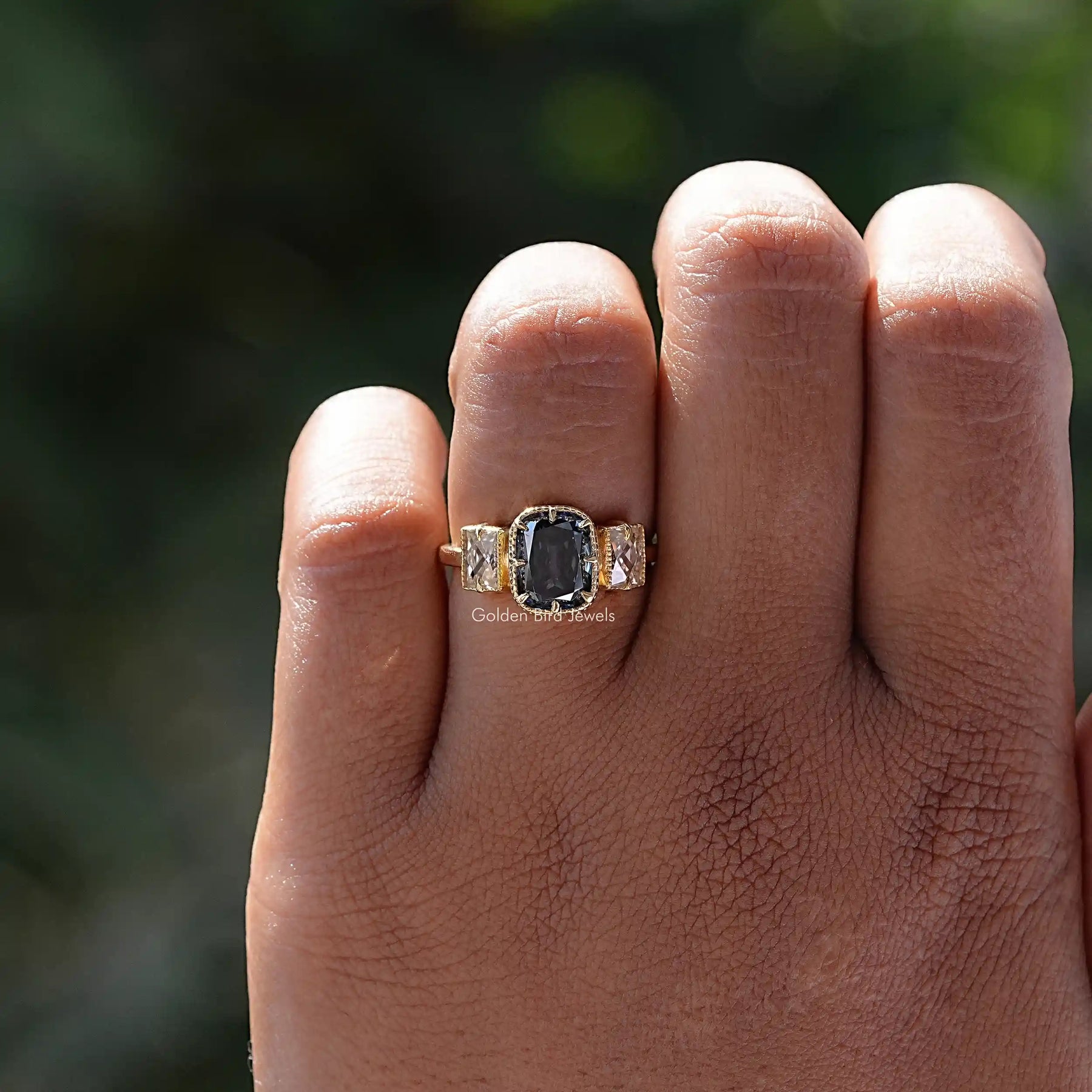 Detailed View Of Criss Cut And Radiant French Cut Moissanite Ring In Yellow Gold