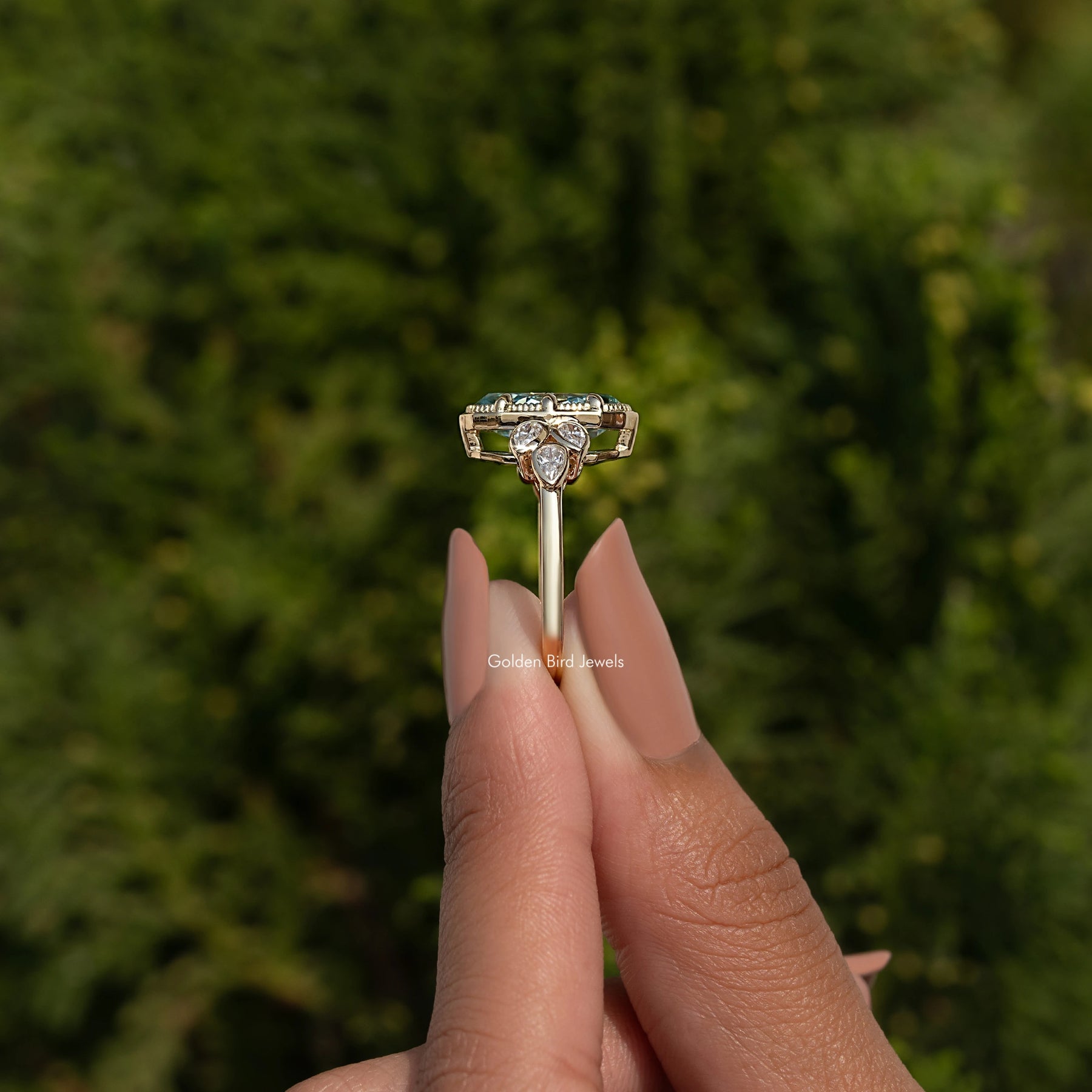 Blue Old Mine Moval Shaped Moissanite Ring