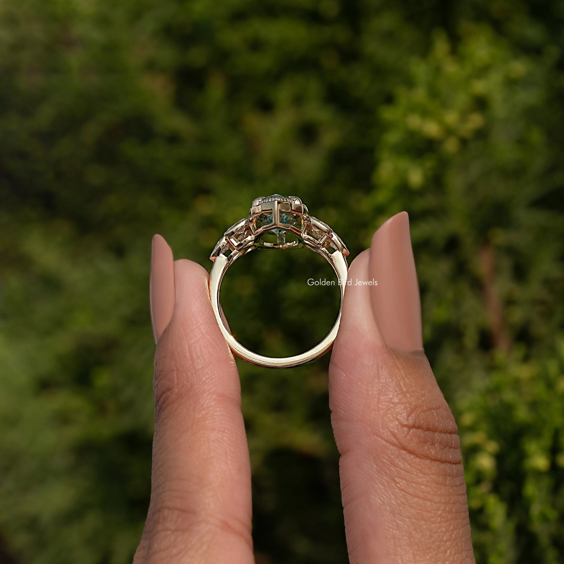 Blue Old Mine Moval Shaped Moissanite Ring