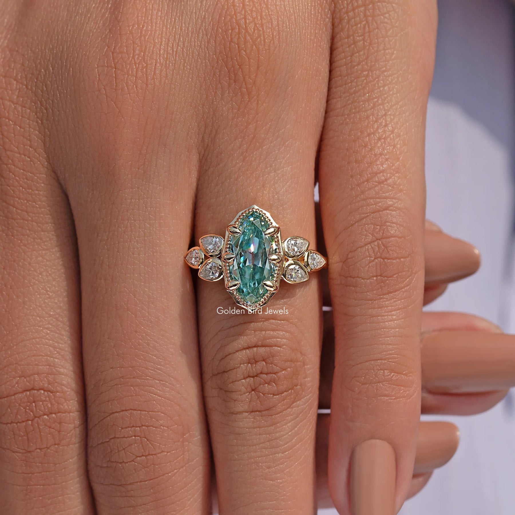 Blue Old Mine Moval Shaped Moissanite Ring
