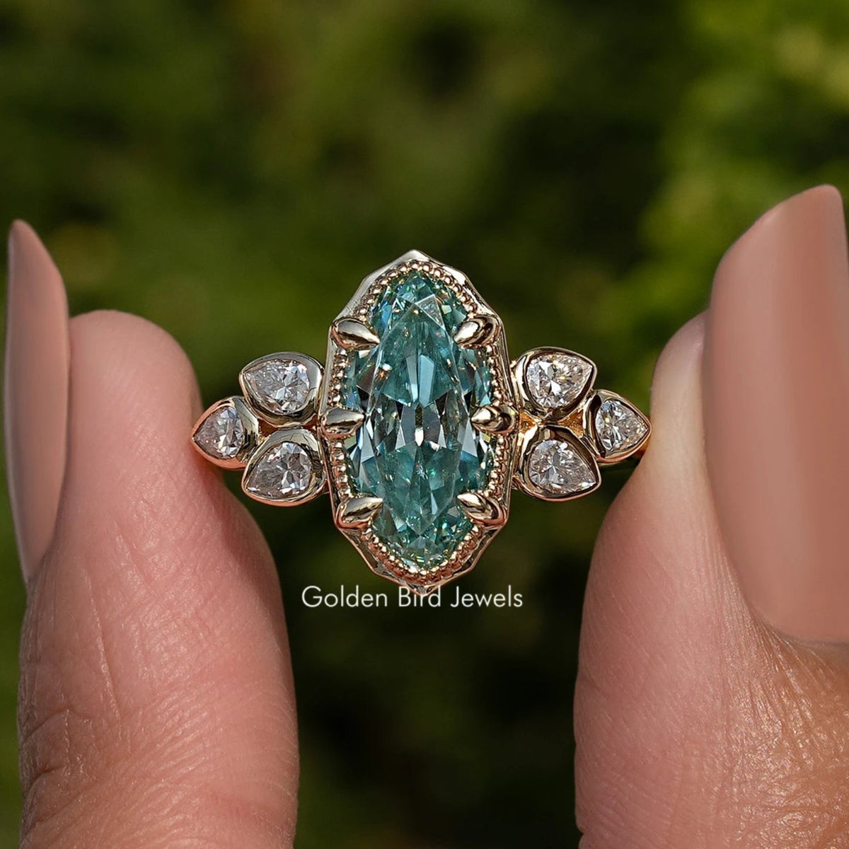 Blue Old Mine Moval Shaped Moissanite Ring