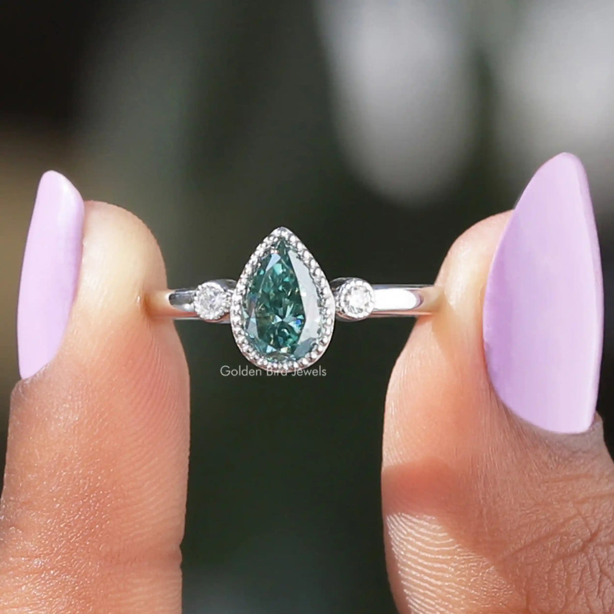 [Blue Green Pear Cut Three Stone Ring]-[Golden Bird Jewels]
