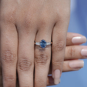 Blue Step Cut Oval Moissanite Three Stone Ring