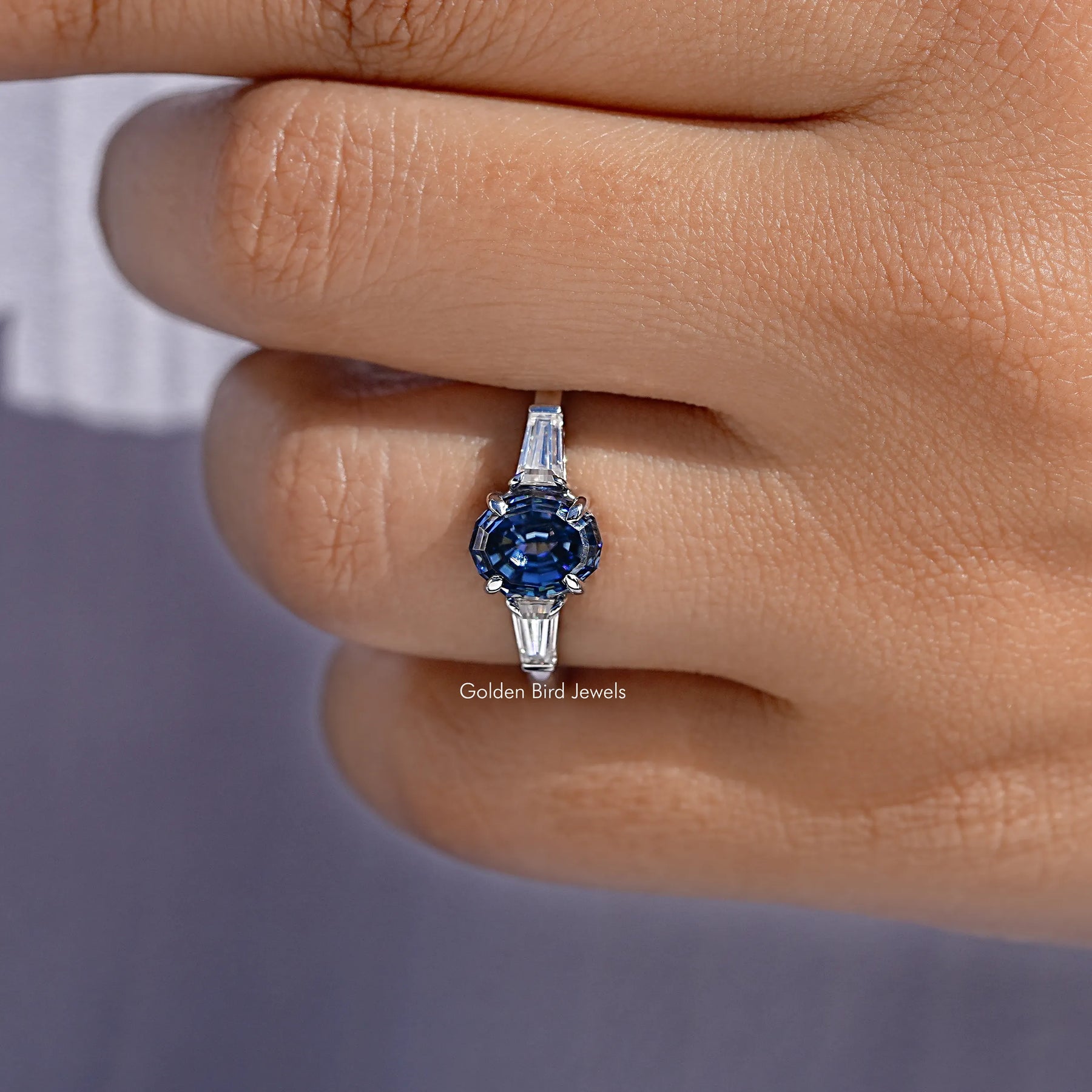 Blue Step Cut Oval Moissanite Three Stone Ring