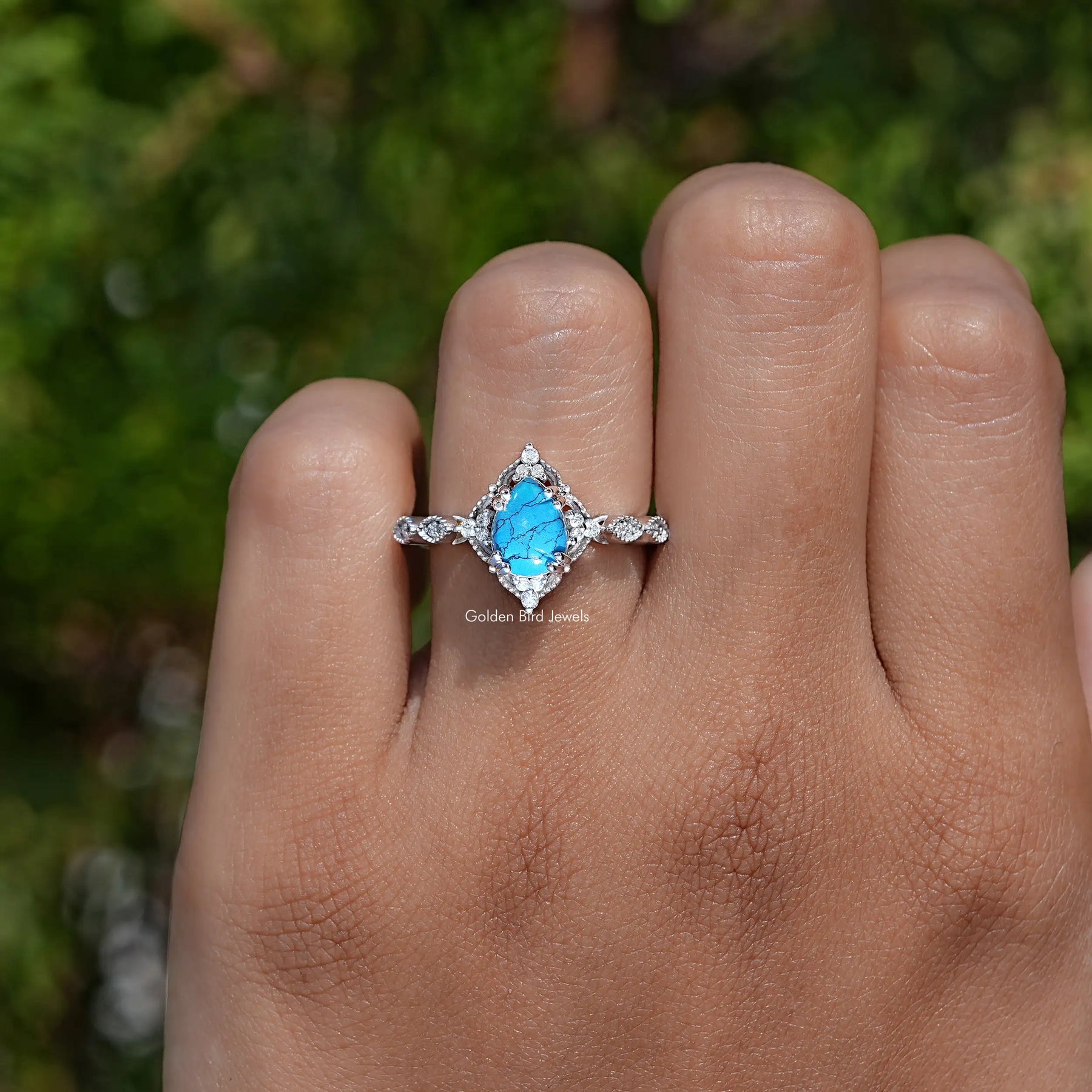 Blue Turquoise Pear Gemstone Accent Set Ring