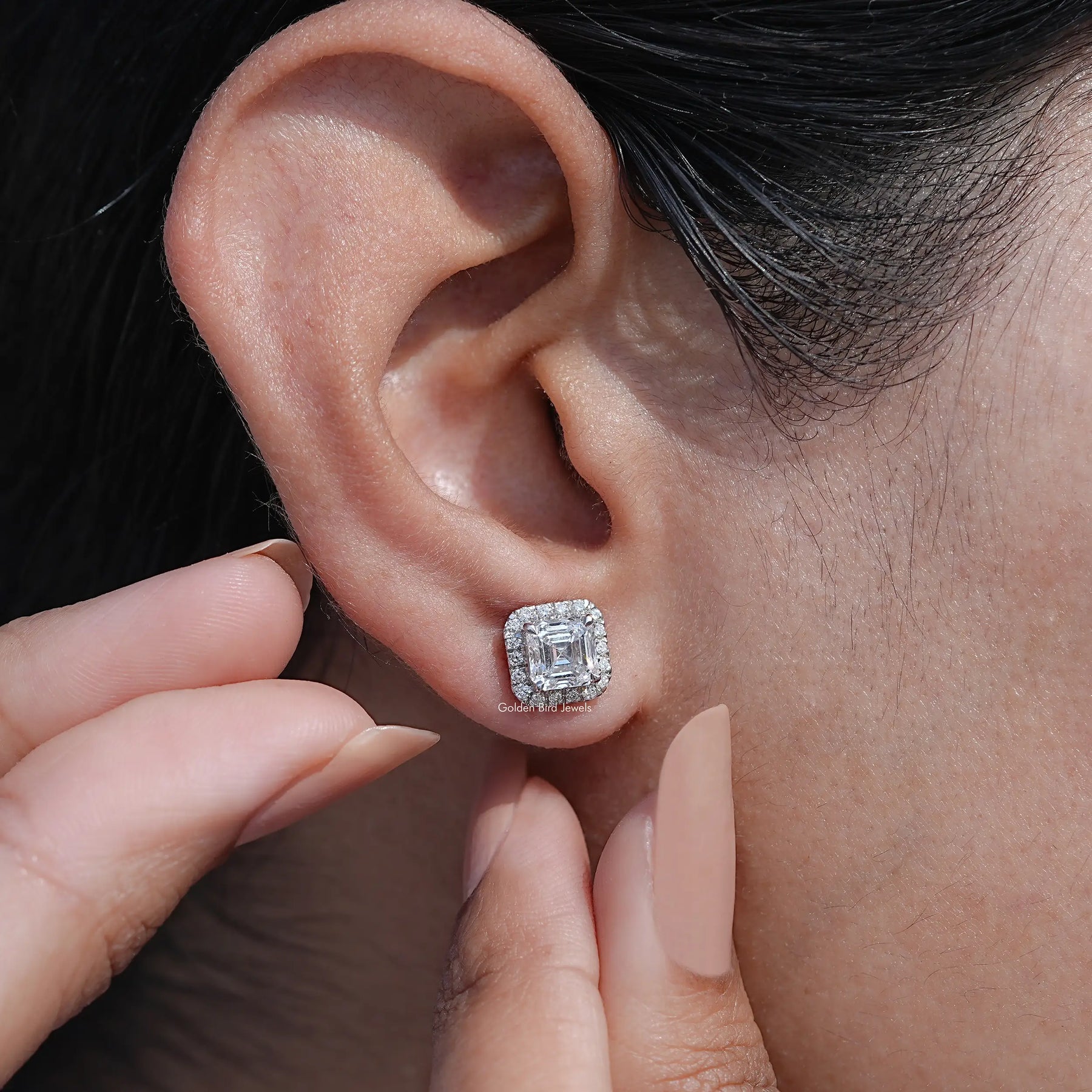 Asscher Cut Lab Grown Diamond Halo Stud Earrings