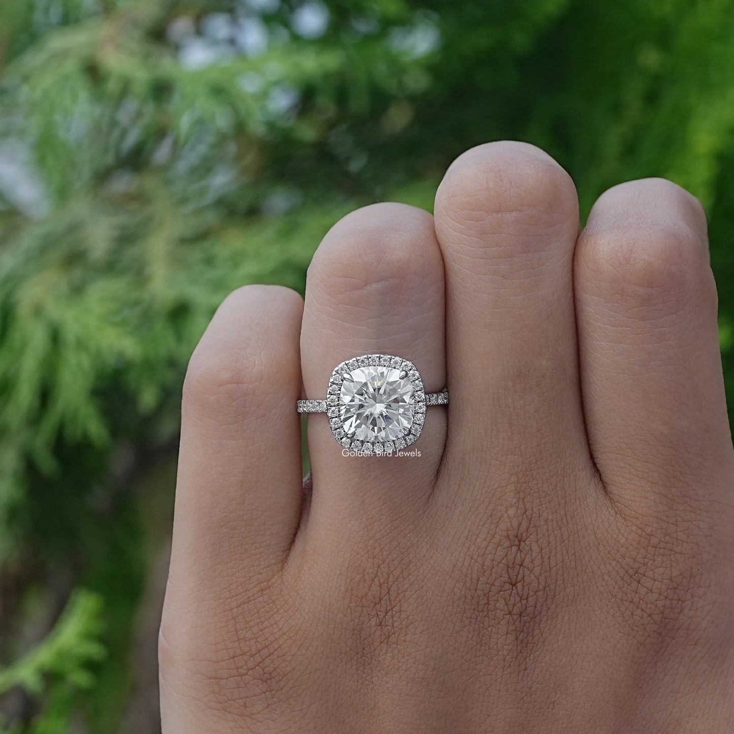 View of Cushion Cut Lab Diamond Engagement Ring In Finger