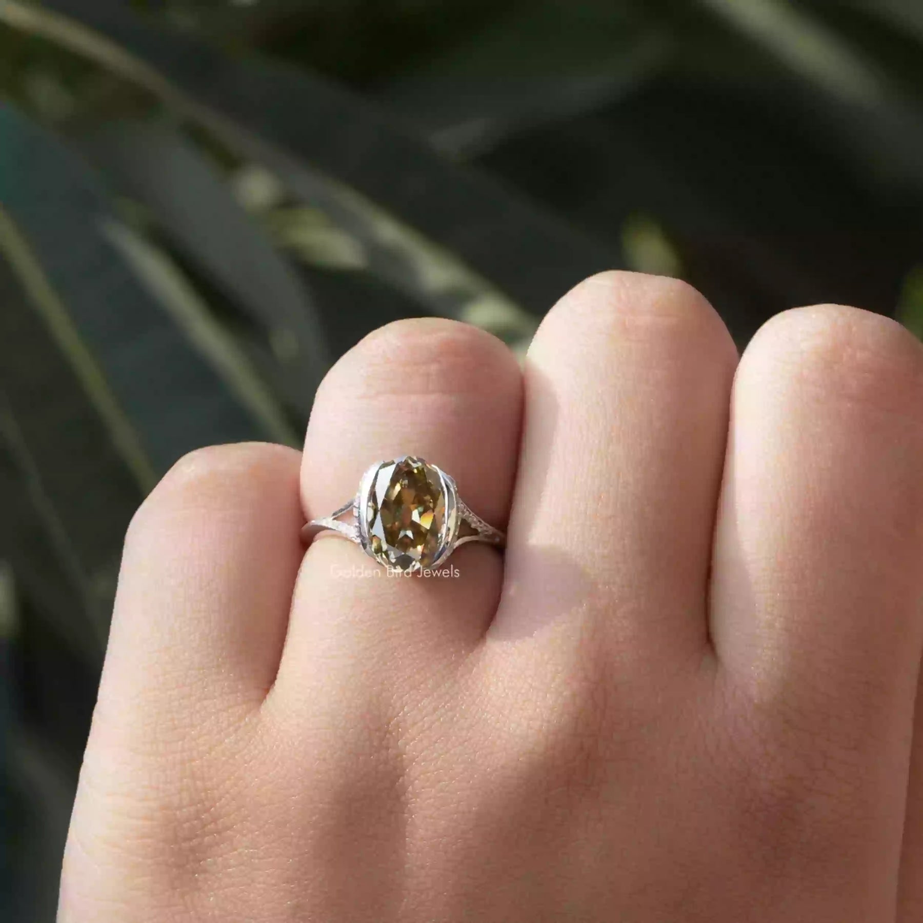 [Brown Oval Cut Moissanite Ring In White Gold]-[Golden Bird Jewels]