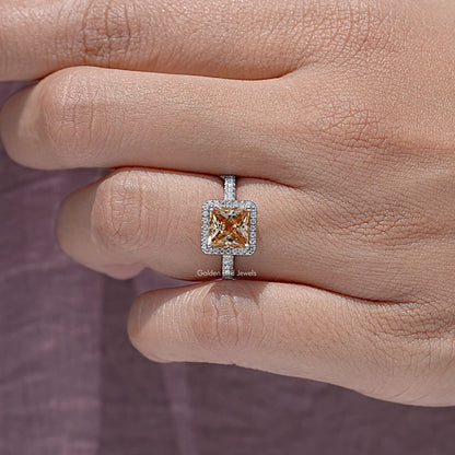 Champagne Princess Moissanite Accent Halo Ring