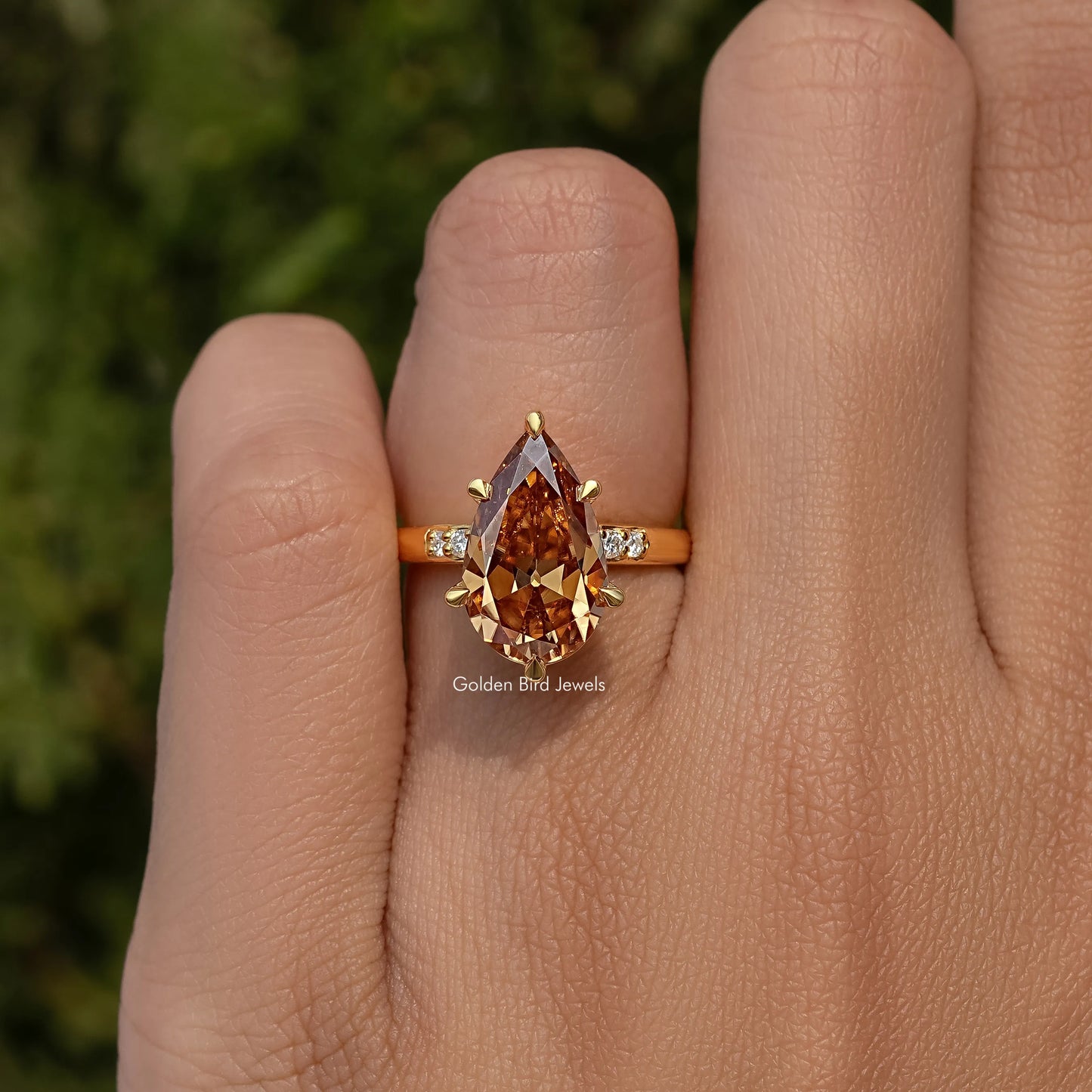 Old Mine Cut Pear Champagne Accent Set Engagement Ring
