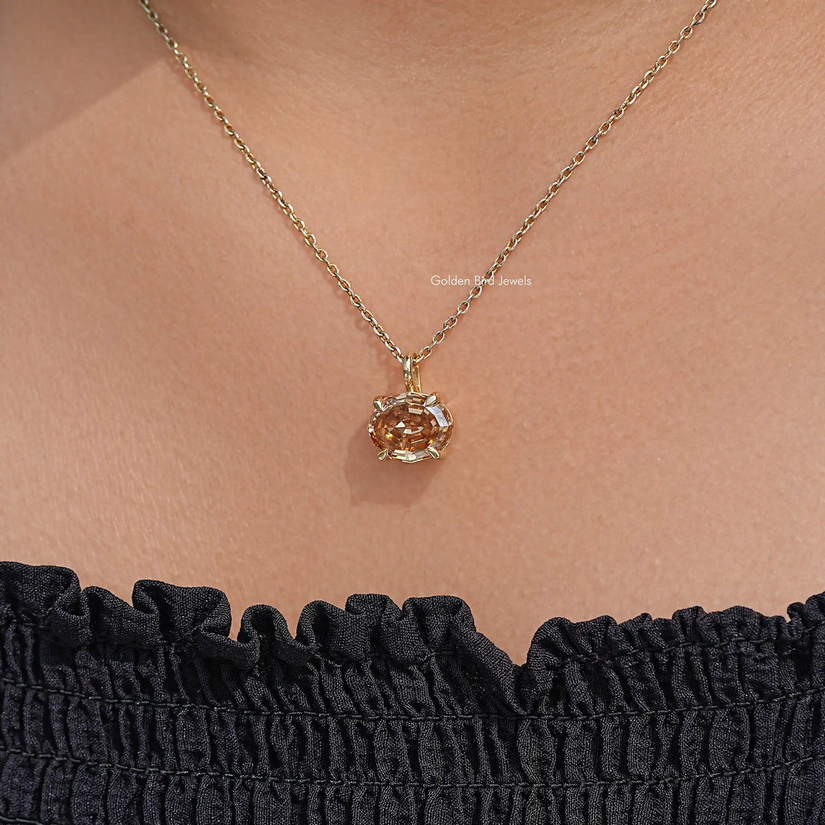 In neck View Of Step Cut Oval Moissanite Pendant