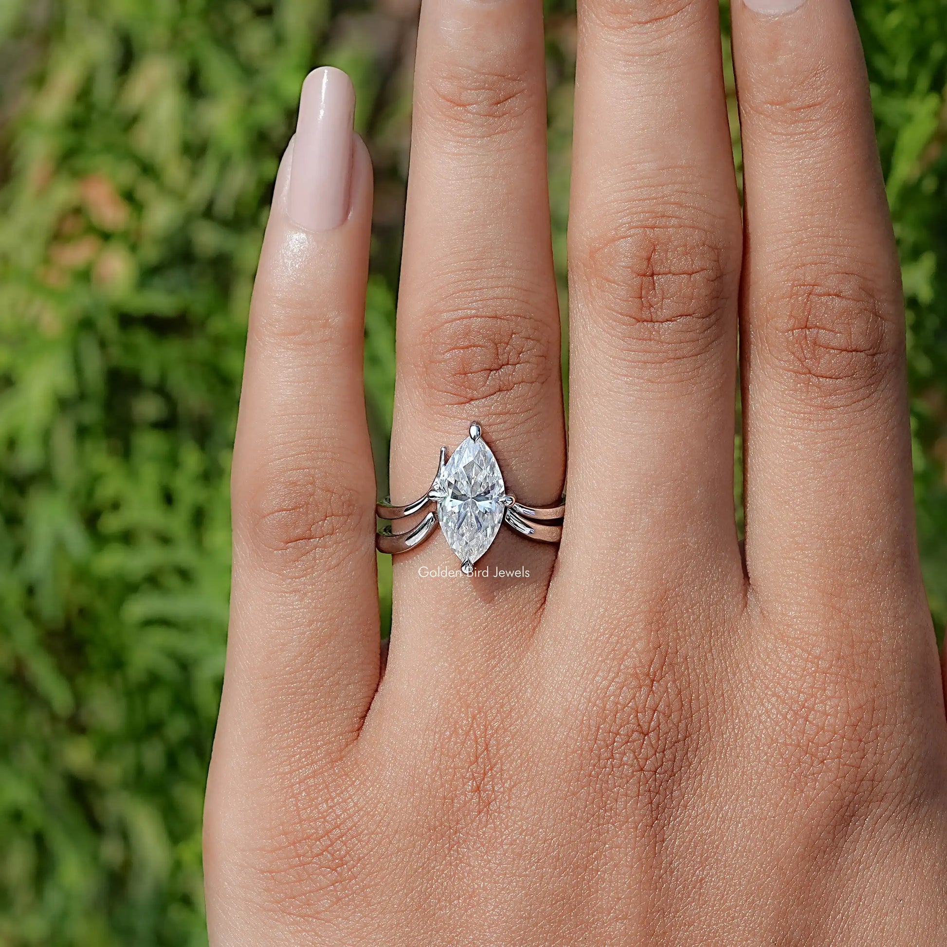 View of Marquise Cut Moissanite Solitaire Chevron Ring   