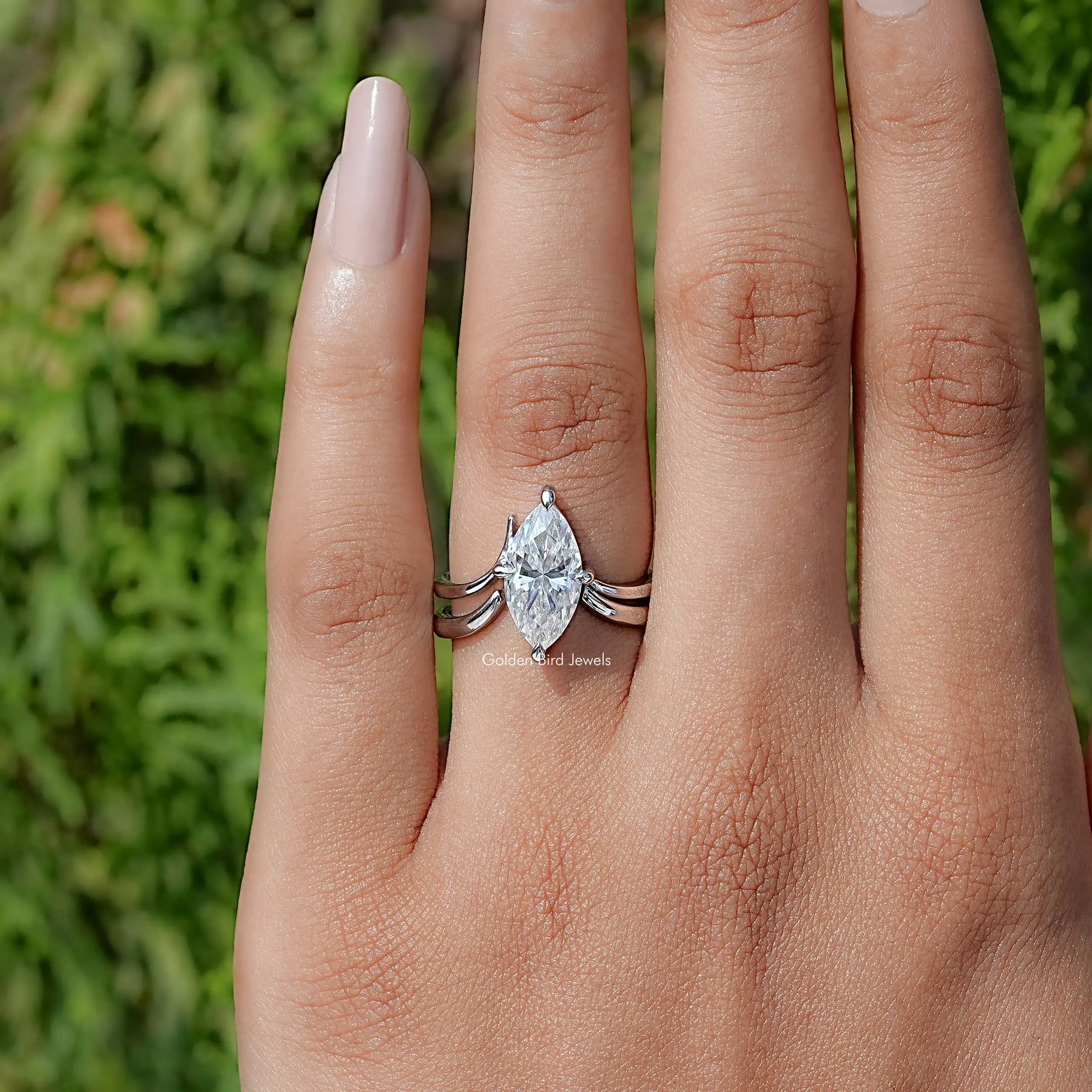 Marquise Cut Moissanite Solitaire Chevron Ring