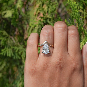 Pear Cut Lab Diamond V Shaped Curved Solitaire Ring
