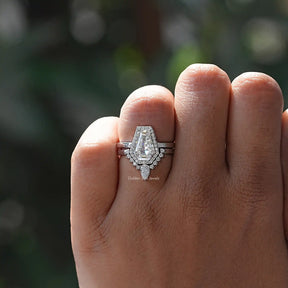 Detailed View Of Colorless Coffin Cut Moissanite Bridal Ring Set In White Gold