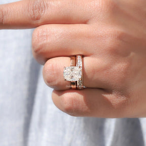 View of Moissanite Cushion Cut Wedding Ring Set In finger