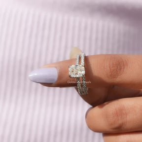 In finger front View of Cushion Cut Moissanite Bridal Ring Set In White Gold