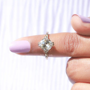 In finger front View of Cushion Cut Moissanite Ring