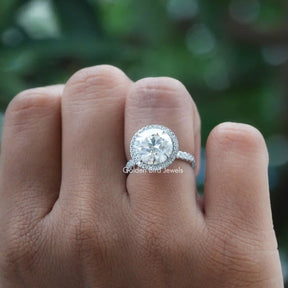 View of Round Cut Moissanite Halo Ring In finger